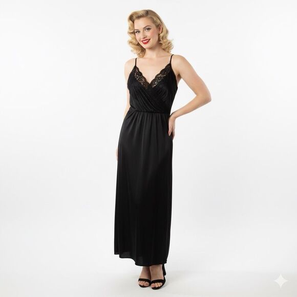 Vintage Black Lace Long Nightgown Surplice Neck Peignoir Women Size Small Nylon - Picture 2 of 12